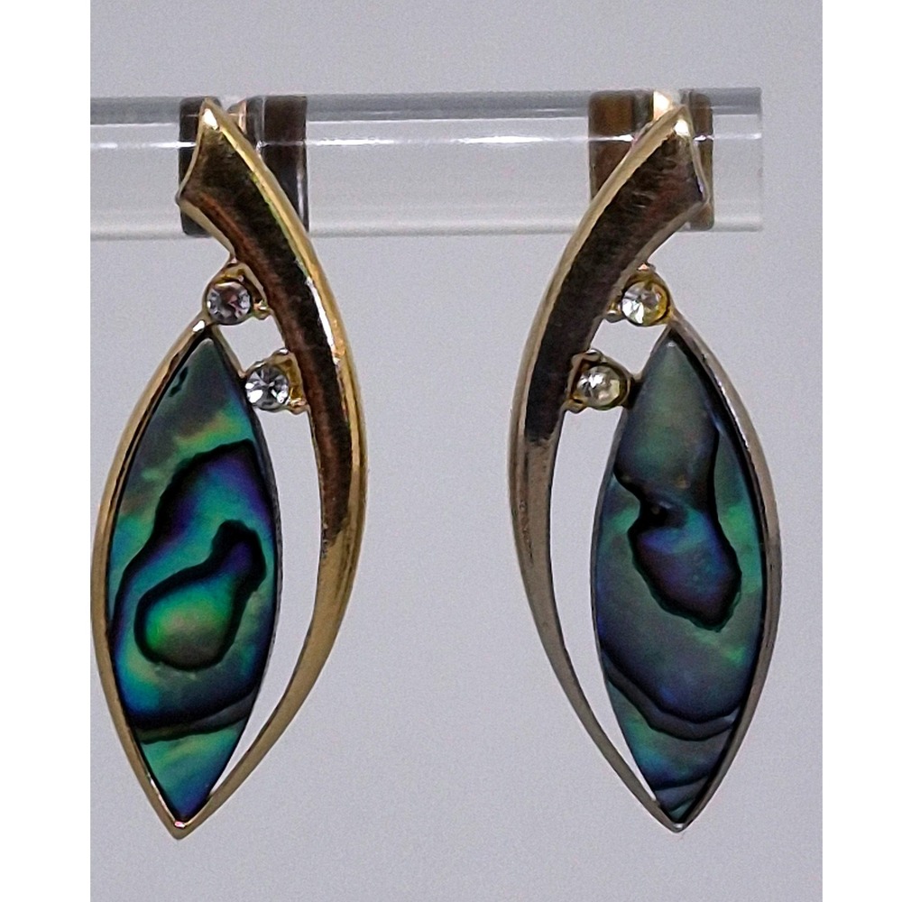Vintage Ariki Earrings  Abalone Shell Gold Plated Crystal Inlay Marquise
